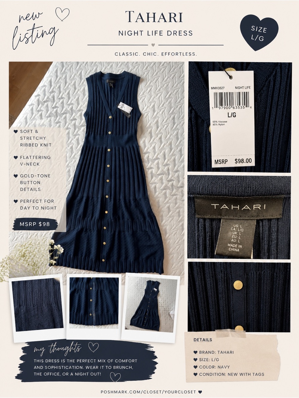 Tahari Navy Sleeveless Ribbed Knit Midi Dress with Gold Buttons Large - Picture 1 of 4